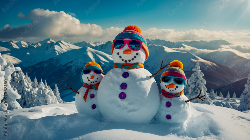Obraz premium AI-generated images of a snowman vacationing with his family on the ski slopes