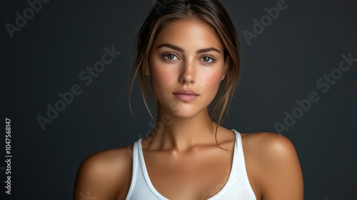 Beautiful woman in white t-shirt Women's breasts dark light background