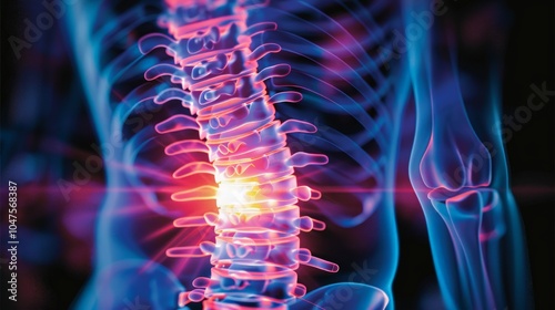 Herniated Lumbar Disc Illustration, detailed representation of a herniated disc in the lower back, highlighting nerve compression and potential effects on mobility and pain. photo