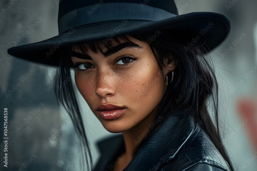 portrait of serious, mysterious, confident and stylish woman wearing black hat in a leather jacket portrait of serious, mysterious, confident and stylish woman wearing black hat in a leather jacket