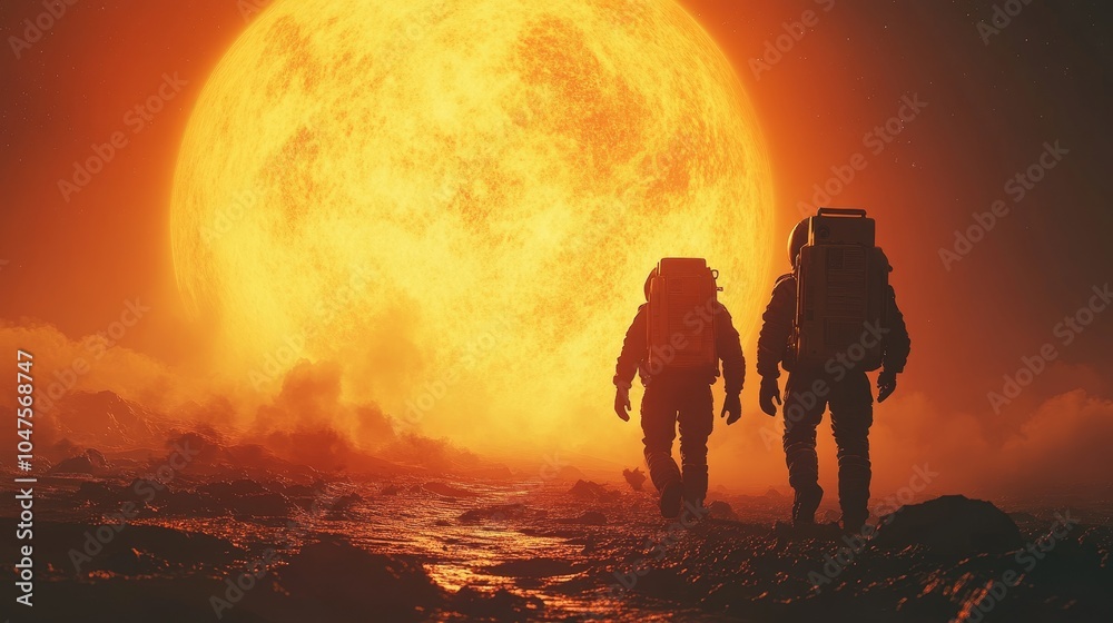Fototapeta premium Astronauts exploring an alien landscape under a massive sun