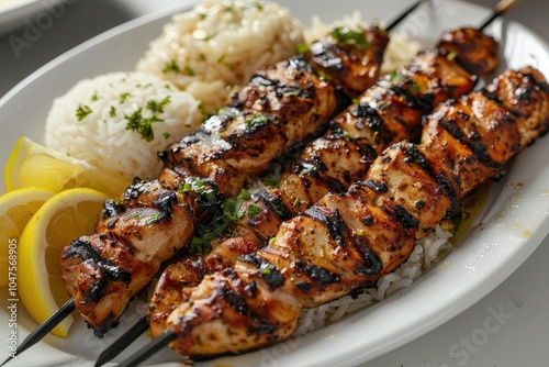 A plate of grilled souvlaki skewers, featuring tender pieces of marinated chicken, served with lemon wedges and a side of rice