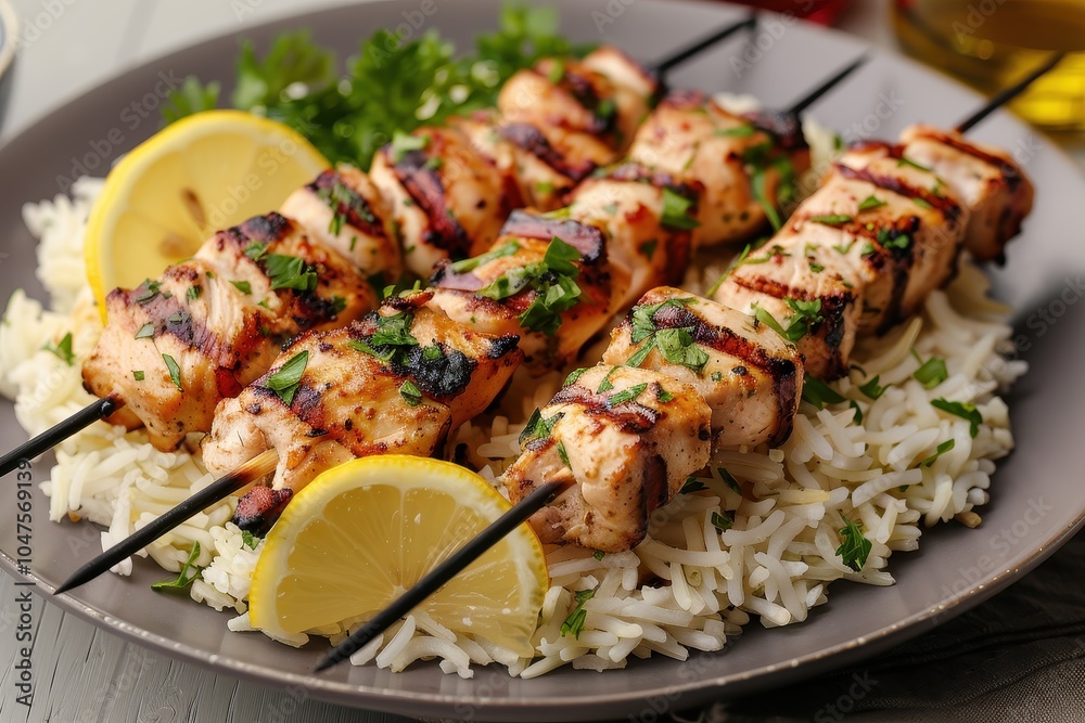 A plate of grilled souvlaki skewers, featuring tender pieces of marinated chicken, served with lemon wedges and a side of rice A plate of grilled souvlaki skewers, featuring tender pieces of marinated chicken, served with lemon wedges and a side of rice