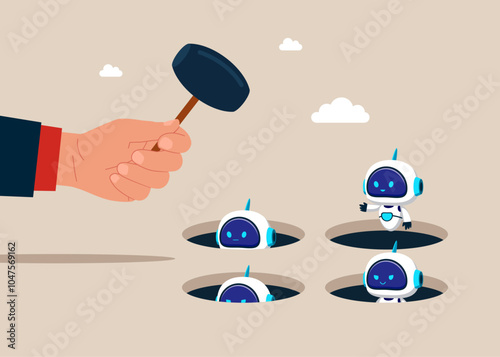 Holding hammer hitting robots in a mole hole. Flat vector illustration