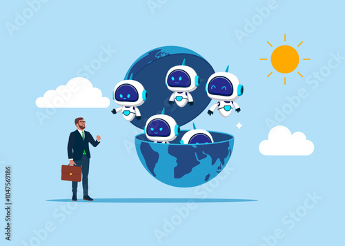 Robots open globe looking for future vision. World technology vision or international opportunity for startup, creativity to begin business or breakthrough idea, launch new idea. 