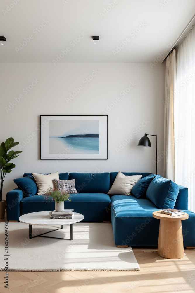 Fototapeta premium modern living room features blue velvet sofa modern art soft neutral decor bright stylish space minimalist aesthetic