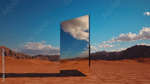 Massive mirror reflecting the sky amidst desert dunes