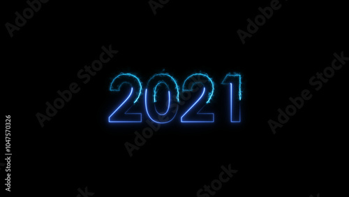  2021 neon glowing cyan and royal blue color 4k illustration. abstract glowing neon text icon 2021 on black background.