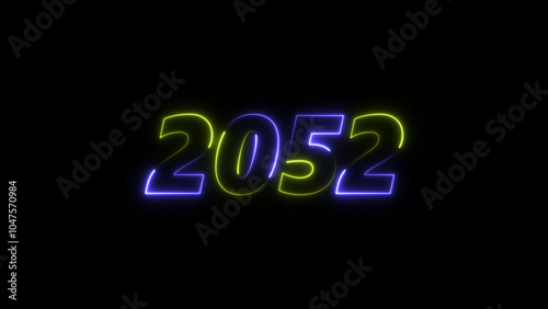  2052 neon glowing blue and green color animation. abstract glowing neon text icon 2052 on black background.