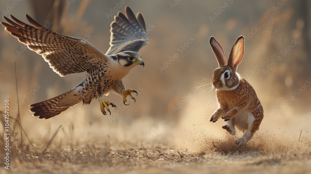 Obraz premium Falcon diving at a rabbit in a dusty field. Dramatic wildlife interaction with predator-prey pursuit in a natural environment.