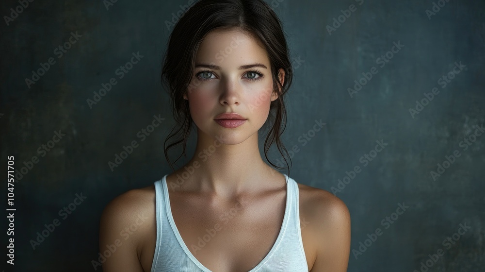 Fototapeta premium Beautiful woman in white t-shirt Women's breasts dark light background