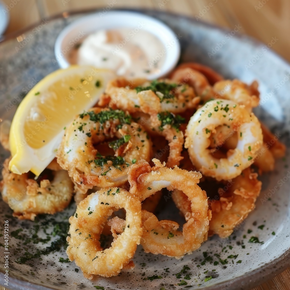 A plate of kalamari, crispy fried squid rings served with a wedge of lemon and a side of garlic mayo A plate of kalamari, crispy fried squid rings served with a wedge of lemon and a side of garlic mayo