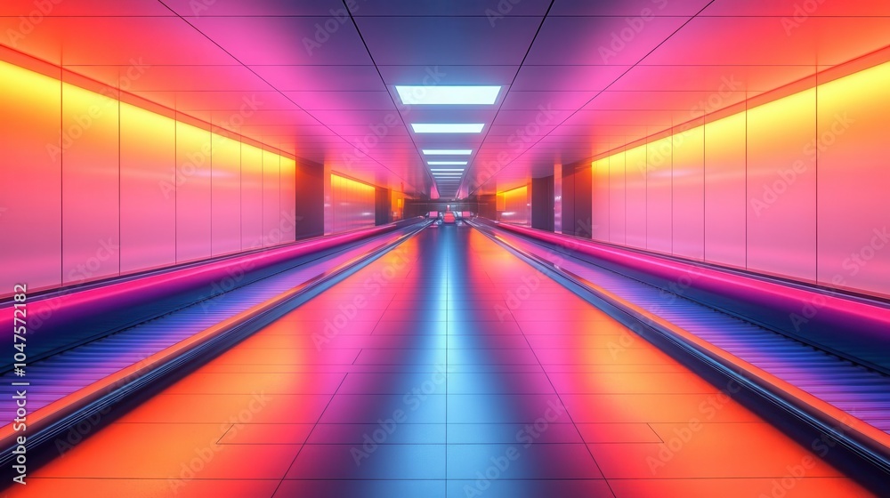 Fototapeta premium conveyor belts transport vibrant packages in a sleek, modern warehouse, showcasing dynamic efficiency and intricate logistics under bright, fluorescent lighting