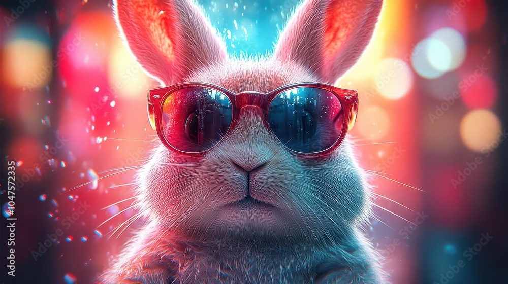 cool bunny wearing stylish sunglasses, set against a vibrant, colorful background, exuding a fun and playful vibe, perfect for a lighthearted and whimsical illustration