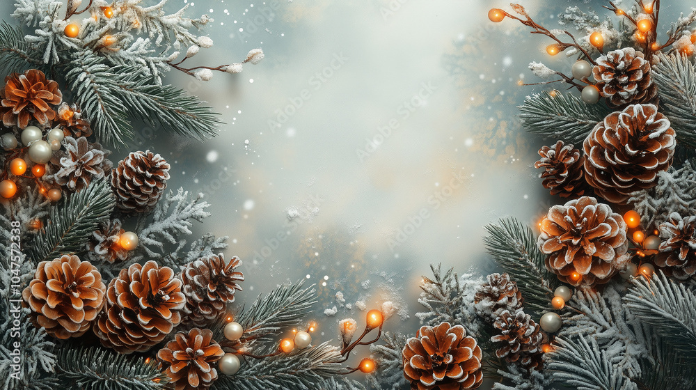Illuminated Holiday Garland with Pine Cones and Golden Lights with Copy Space Illuminated Holiday Garland with Pine Cones and Golden Lights with Copy Space