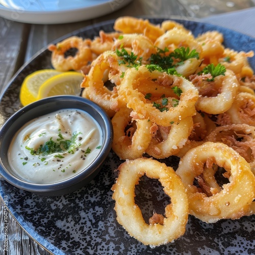 A plate of kalamari, crispy fried squid rings served with a wedge of lemon and a side of garlic mayo photo