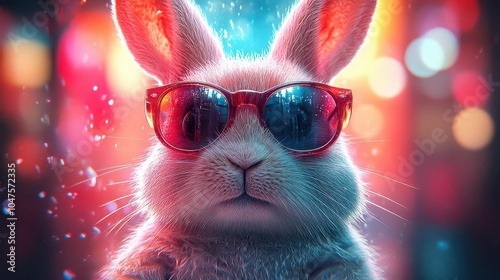 Obraz na płótnie cool bunny wearing stylish sunglasses, set against a vibrant, colorful background, exuding a fun and playful vibe, perfect for a lighthearted and whimsical illustration w salonie