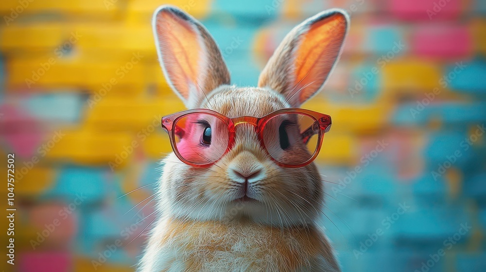 cool bunny wearing stylish sunglasses, set against a vibrant, colorful background, exuding a fun and playful vibe, perfect for a lighthearted and whimsical illustration