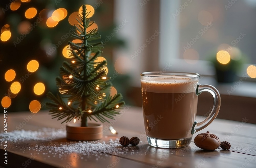 Enamel cup of hot cocoa with mini marshmallows and cinnamon bark. Pine boughs and gray scarf against a rustic background with beautiful Christmas lights of bokeh with falling Snow. Enamel cup of hot cocoa with mini marshmallows and cinnamon bark. Pine boughs and gray scarf against a rustic background with beautiful Christmas lights of bokeh with falling Snow.