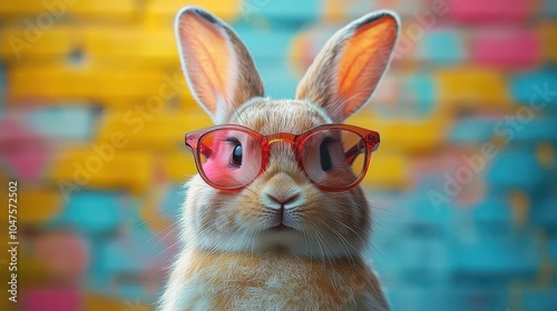 Obraz na płótnie cool bunny wearing stylish sunglasses, set against a vibrant, colorful background, exuding a fun and playful vibe, perfect for a lighthearted and whimsical illustration w salonie