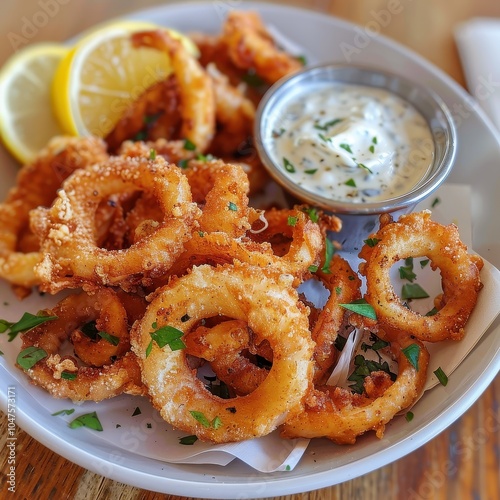 A plate of kalamari, crispy fried squid rings served with a wedge of lemon and a side of garlic mayo photo