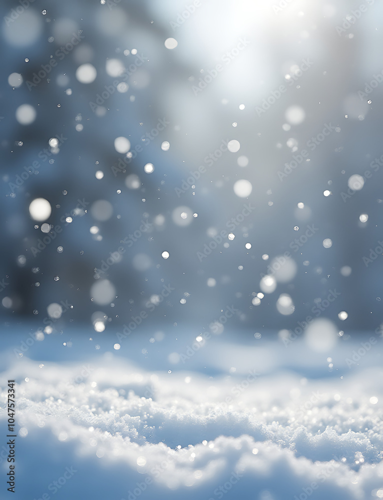 Grey crystal flakes gently fall on a serene winter scene with delicate white snowflakes in a subtle gradient of colour hues.
