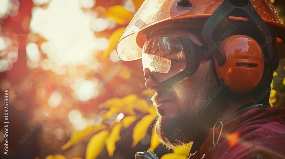 Through the suns glare a worker adjusts their safety goggles while inspecting the sharp blades of a chainsaw. Through the suns glare a worker adjusts their safety goggles while inspecting the sharp blades of a chainsaw.