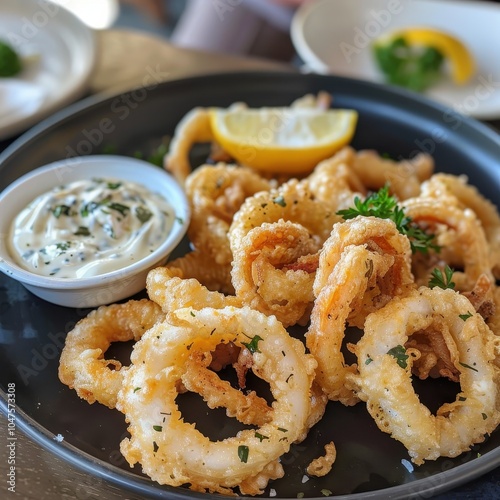 A plate of kalamari, crispy fried squid rings served with a wedge of lemon and a side of garlic mayo photo