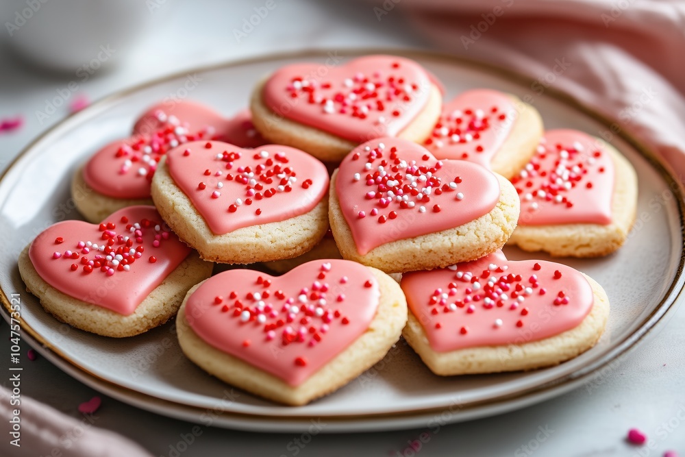 A plate of heart-shaped cookies with pink icing and red sprinkles A plate of heart-shaped cookies with pink icing and red sprinkles