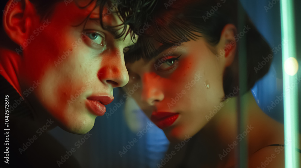 mirror reflection of young stylish couple of man and woman, mysterious gaze and and cold serious faces, cinematic light mirror reflection of young stylish couple of man and woman, mysterious gaze and and cold serious faces, cinematic light