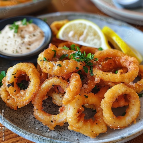 A plate of kalamari, crispy fried squid rings served with a wedge of lemon and a side of garlic mayo photo