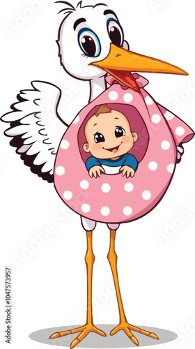 Cartoon Illustration Of A Cute Flying Stork With Playful Expression Carrying Baby Wrapped In Blanket To Parents On Isolated White background