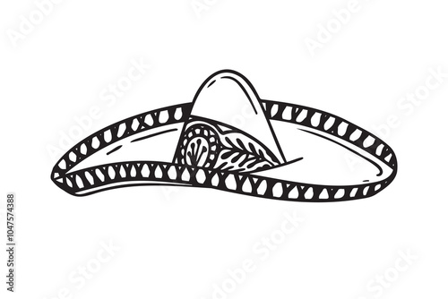 Hand drawn Mariachi hat illustration. Doodle mariachi hat. Sketch of mariachi hat isolated on white background. Sketch of sombrero. Vector illustration.