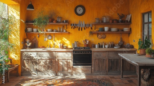 A rustic kitchen with wooden cabinets, shelves, and a yellow wall. Sunlight shines through a window, casting shadows on the floor.