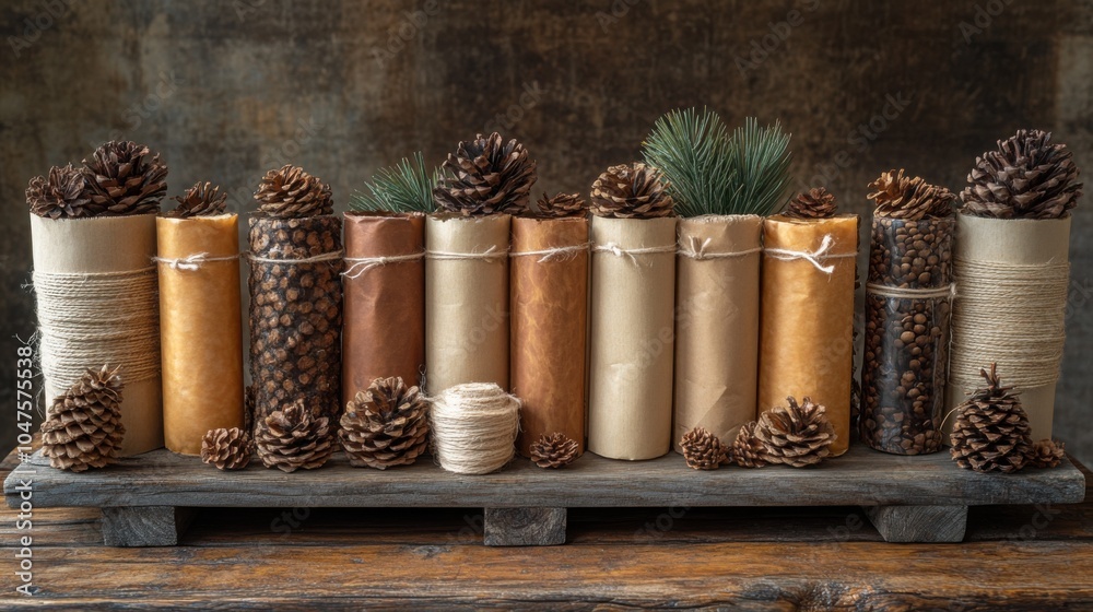 Fototapeta premium Eco-Friendly Gift Wrap Made from Natural Brown Paper with Twine and Pine Decorations for Sustainable Gifting