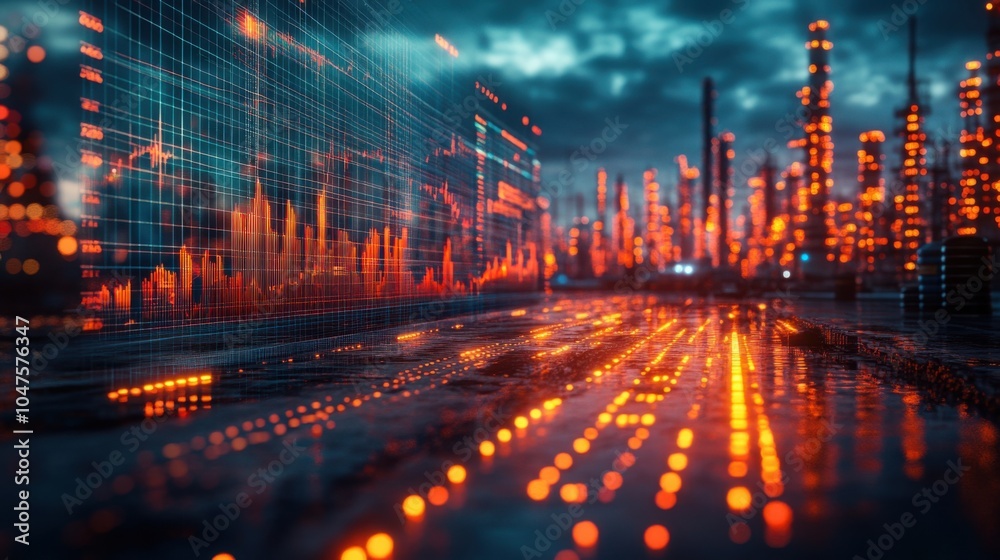 Fototapeta premium A Comprehensive Illustration of Oil Barrels and Stock Market Graph Representing Fuel Price Trends for Financial Analysis and Reporting