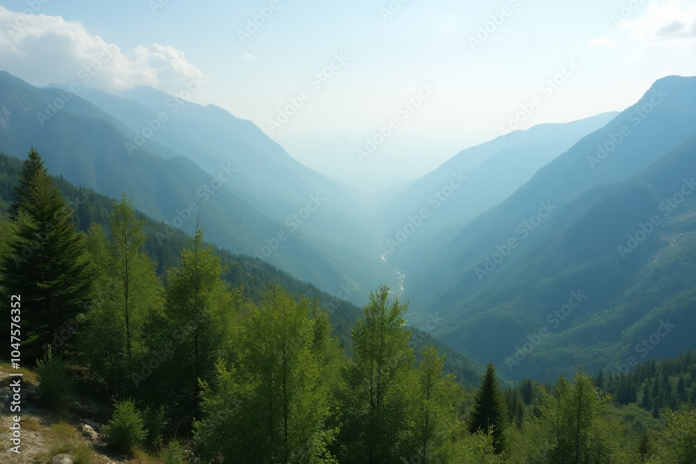 Fototapeta premium serene mountainous landscape features lush green trees vast open wilderness areas beautiful panoramic view