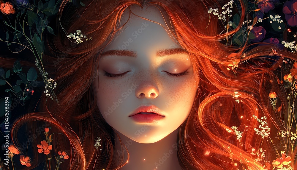 A serene portrait of a woman with flowing red hair surrounded by delicate flowers, embodying tranquility and natural beauty. A serene portrait of a woman with flowing red hair surrounded by delicate flowers, embodying tranquility and natural beauty.