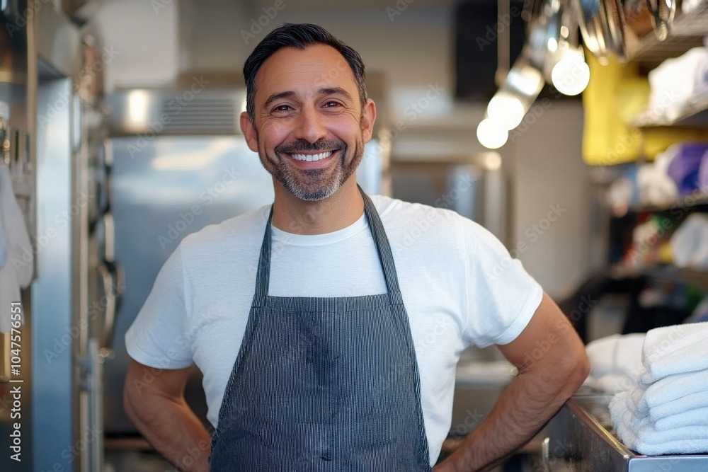 Obraz premium Employer at a Dry Cleaning Business: Proud Owner of a Laundry and Cleaning Store