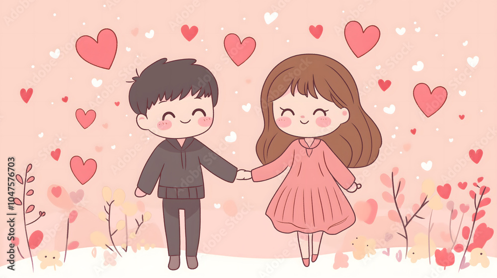 Illustration of a couple holding hands on a pink background with floating pink hearts. Valentine's Day concept.
Illustration of a couple holding hands on a pink background with floating pink hearts. Valentine's Day concept.