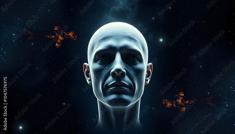 face of man in space as a symbol of philosophy and psychology of dreams inner reality, mental health, imagination, thinking and dreaming. 3d render isolated with white highlights, png face of man in space as a symbol of philosophy and psychology of dreams inner reality, mental health, imagination, thinking and dreaming. 3d render isolated with white highlights, png