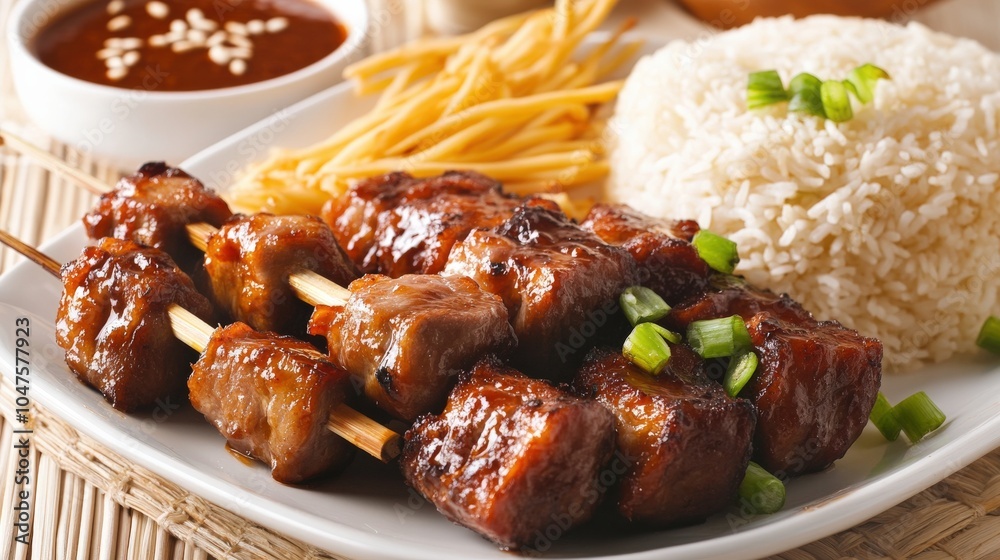 Filipino Food: Delicious Pork Adobo Meal with Lumpia, Pancit Noodles, and Rice