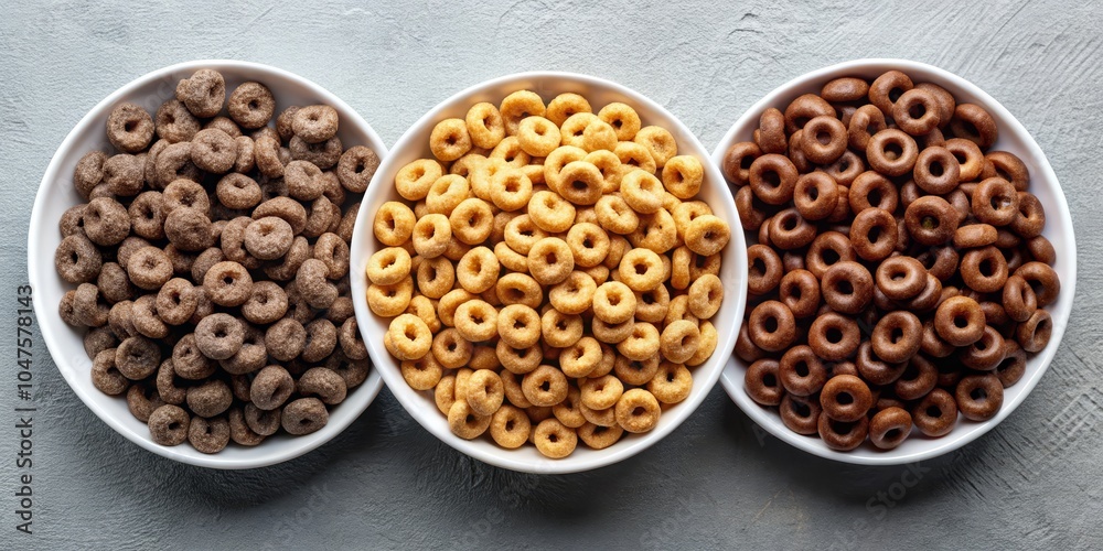 Colorful Cereal Rings Trio in White Bowls on Textured Surface - Vibrant Breakfast Selection Concept with Crunchy Brown and Golden Rings, Kitchen Scene with Neutral Background, Colorful Cereal Rings Trio in White Bowls on Textured Surface - Vibrant Breakfast Selection Concept with Crunchy Brown and Golden Rings, Kitchen Scene with Neutral Background,