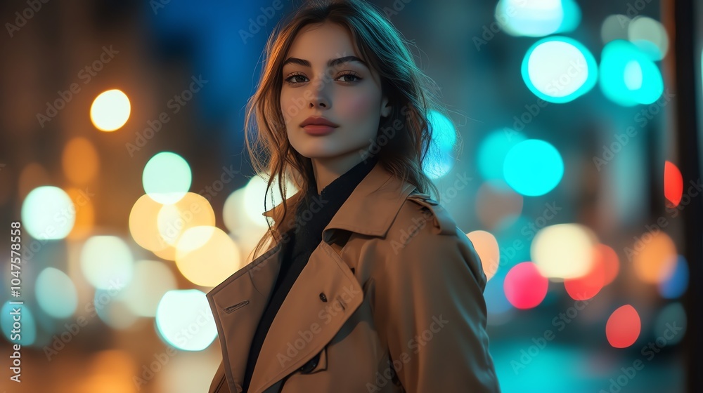 A stylish woman stands confidently in a cityscape at night, illuminated by vibrant bokeh lights, showcasing urban fashion. A stylish woman stands confidently in a cityscape at night, illuminated by vibrant bokeh lights, showcasing urban fashion.
