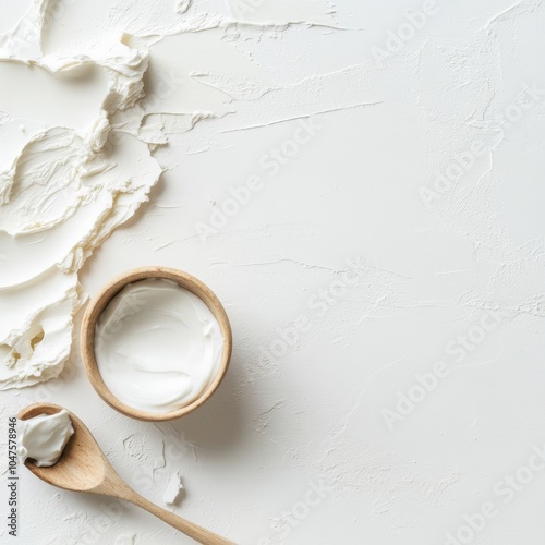 A clean, minimalistic setup featuring a bowl of cream, a wooden spoon, and soft spread on a white surface.