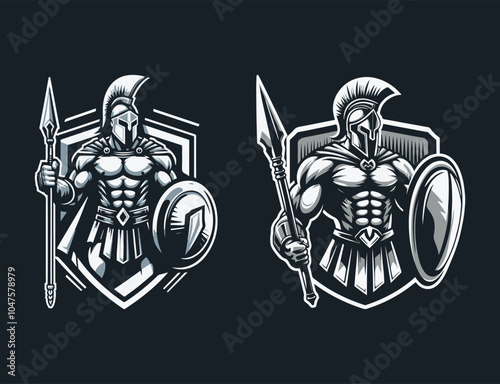 Fierce Spartan Warrior vector mascot logo concept. spartan warrior mascot logo with shield and sword on dark background