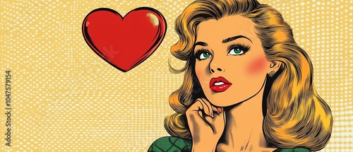 A retro pop art illustration featuring a glamorous woman with a heart, symbolizing love and admiration in vibrant colors.
