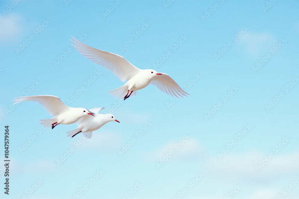 Obraz premium white birds fly together peacefully sky freedom joy tiny feathered wings