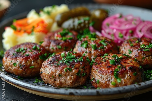 A plate of kotleti, Russian meat patties, served with mashed potatoes and a side of pickled vegetables.