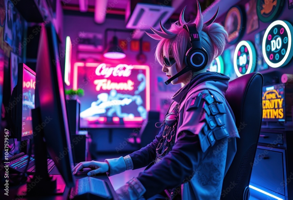 Fototapeta premium Neon gamer in a high-tech environment